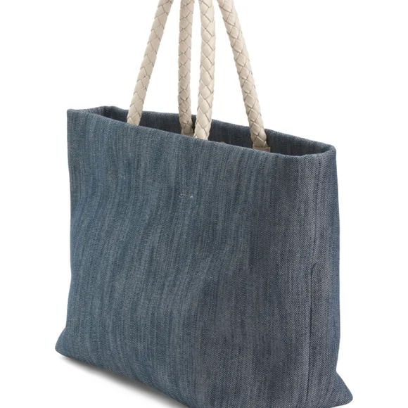 🔹️FALOR🔹️made In Italy Denim Shopper Jean Tote With Leather braided Hamdles